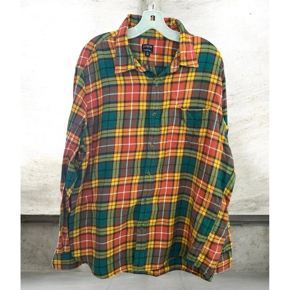 J CREW Mid Weight Flannel Shirt, Men's XL Plaid Double Brushed Green Orange